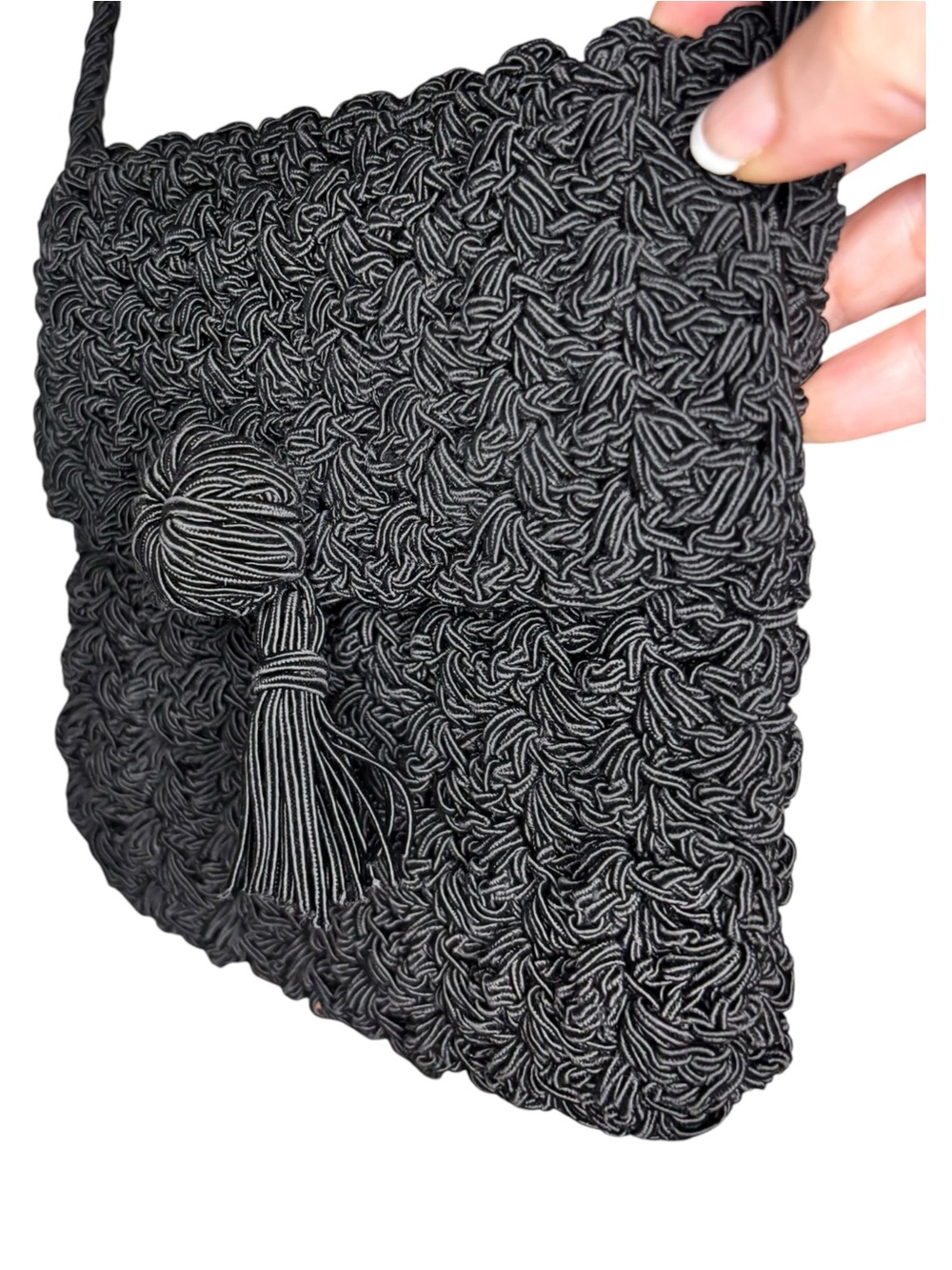 Vintage Black Handwoven Macramé Crossbody Bag Boho Tassel Purse - Picture 4 of 9